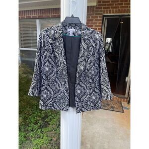 Kim Rogers Women's Blazer Coat L Black Floral 100% Linen Long Sleeves Open Front